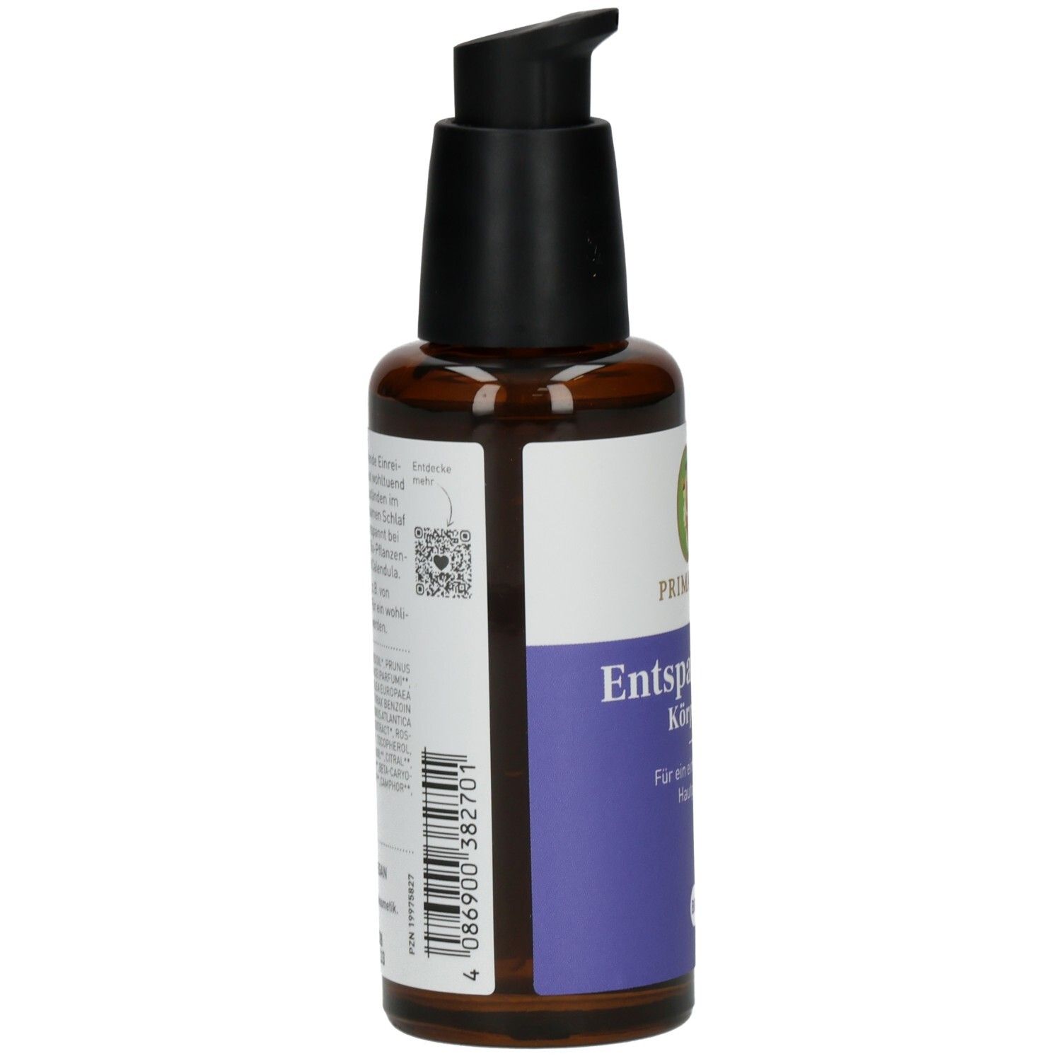 Braune Glasflasche, Seitenansicht. Etikett mit Text und Barcode. Schwarzer Pumpkopf. Primavera Logo.