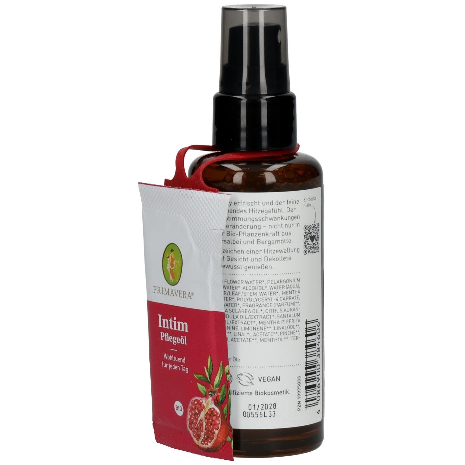 Braune Sprühflasche mit schwarzem Sprühkopf. Anhänger mit Text: Intim Pflegeöl. Aufschrift: Vegan, Bio.