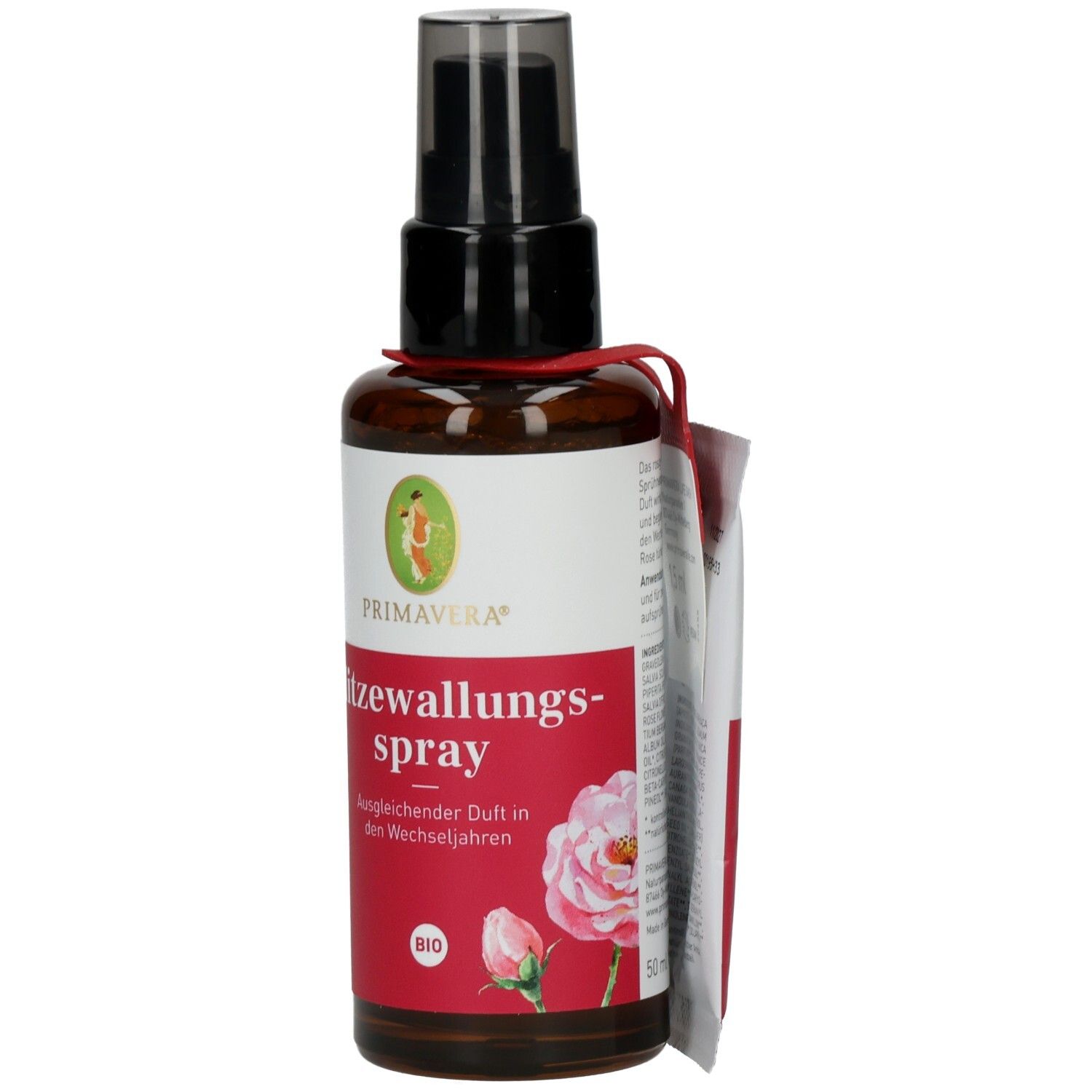 Braune Sprühflasche mit schwarzem Sprühkopf. Aufschrift: Hitzewallungsspray, Bio. Anhänger mit Text.
