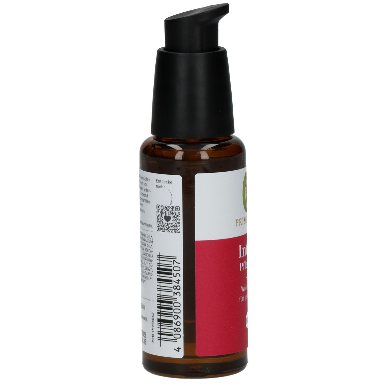 Braune Glasflasche mit schwarzem Pumpkopf. Etikett mit Produktinformationen und Barcode. QR-Code und Herstellerangaben.