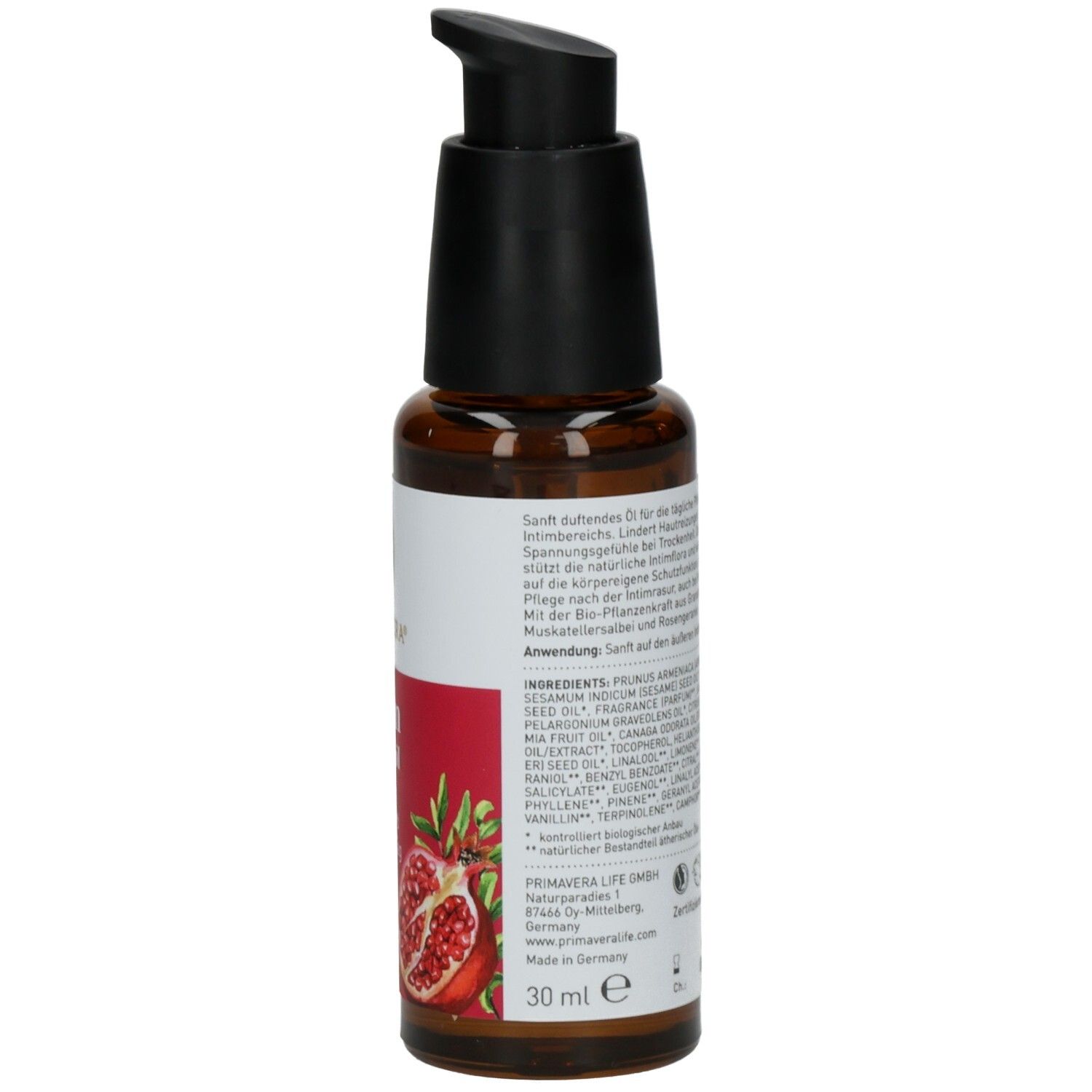 Braune Glasflasche mit schwarzem Pumpkopf. Rückseite mit Produktinformationen, Inhaltsstoffen und Volumenangabe: 30 ml.