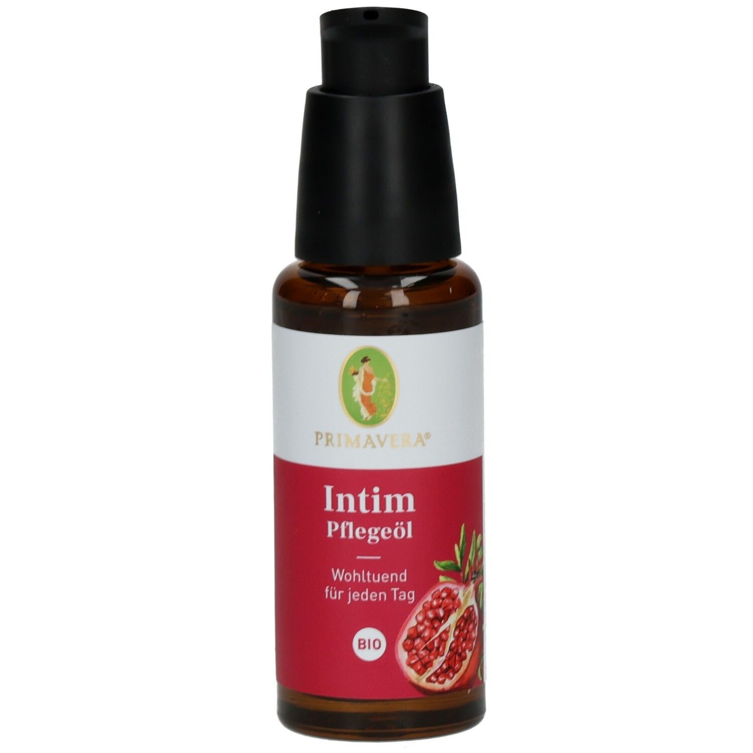 Braune Glasflasche mit schwarzem Pumpkopf. Rotes Etikett mit Produktname, Granatapfel-Illustration und Bio-Siegel.