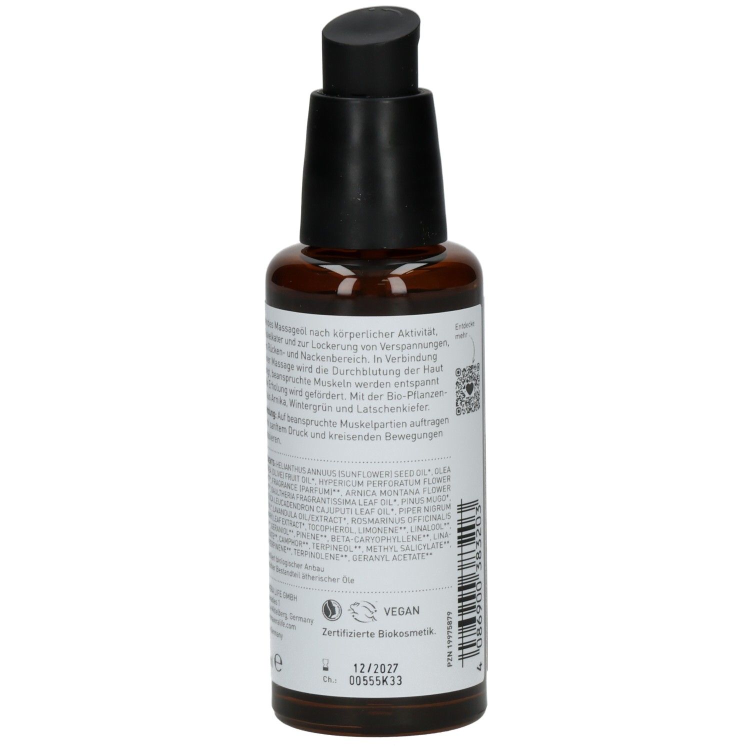 Braune Glasflasche mit schwarzem Pumpkopf. Etikett mit Text, Inhaltsstoffen und Bio-Siegel. Vegan-Logo.