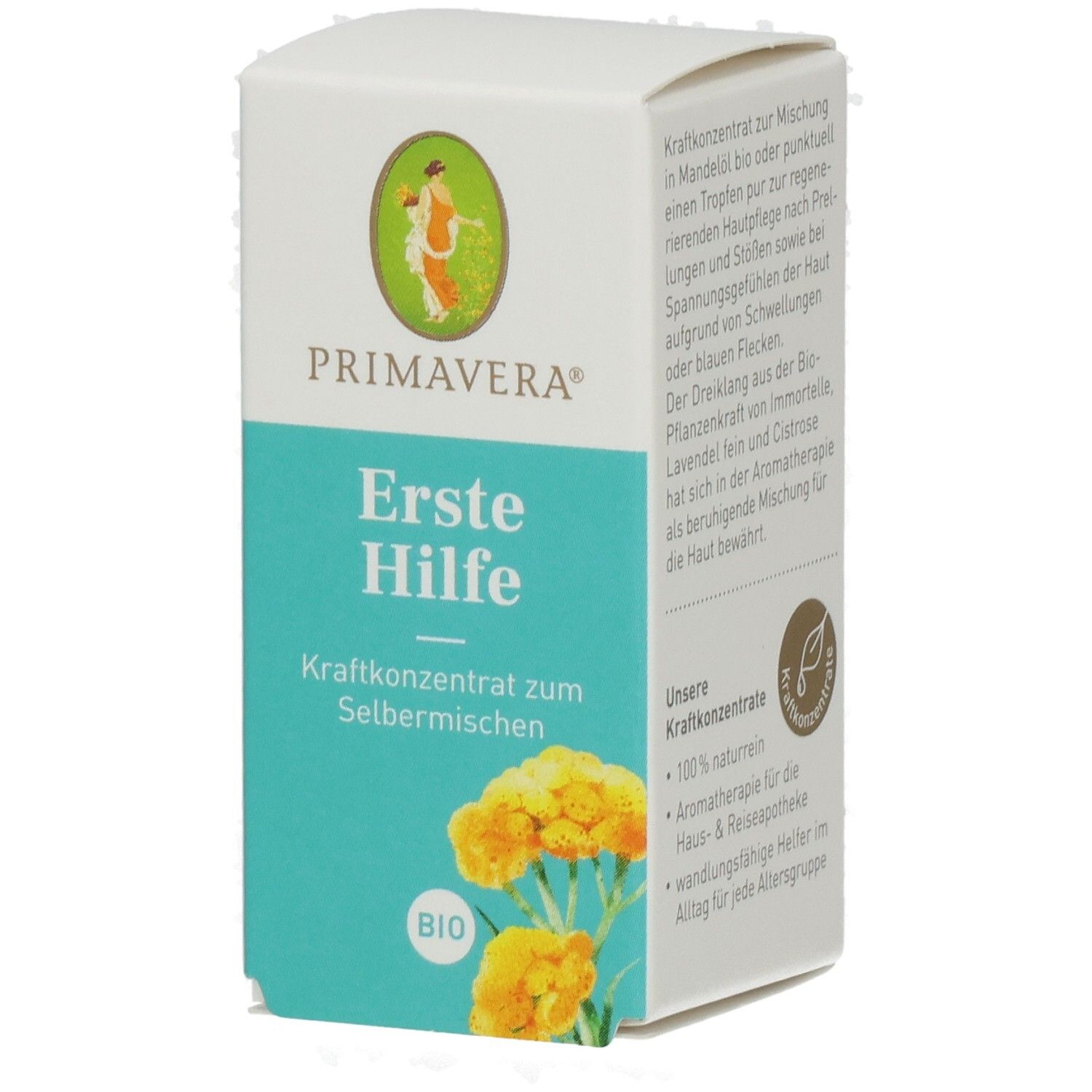 Karton mit Produktinformationen. Aufschrift: PRIMAVERA, Erste Hilfe, BIO. Abbildung: gelbe Blüten.