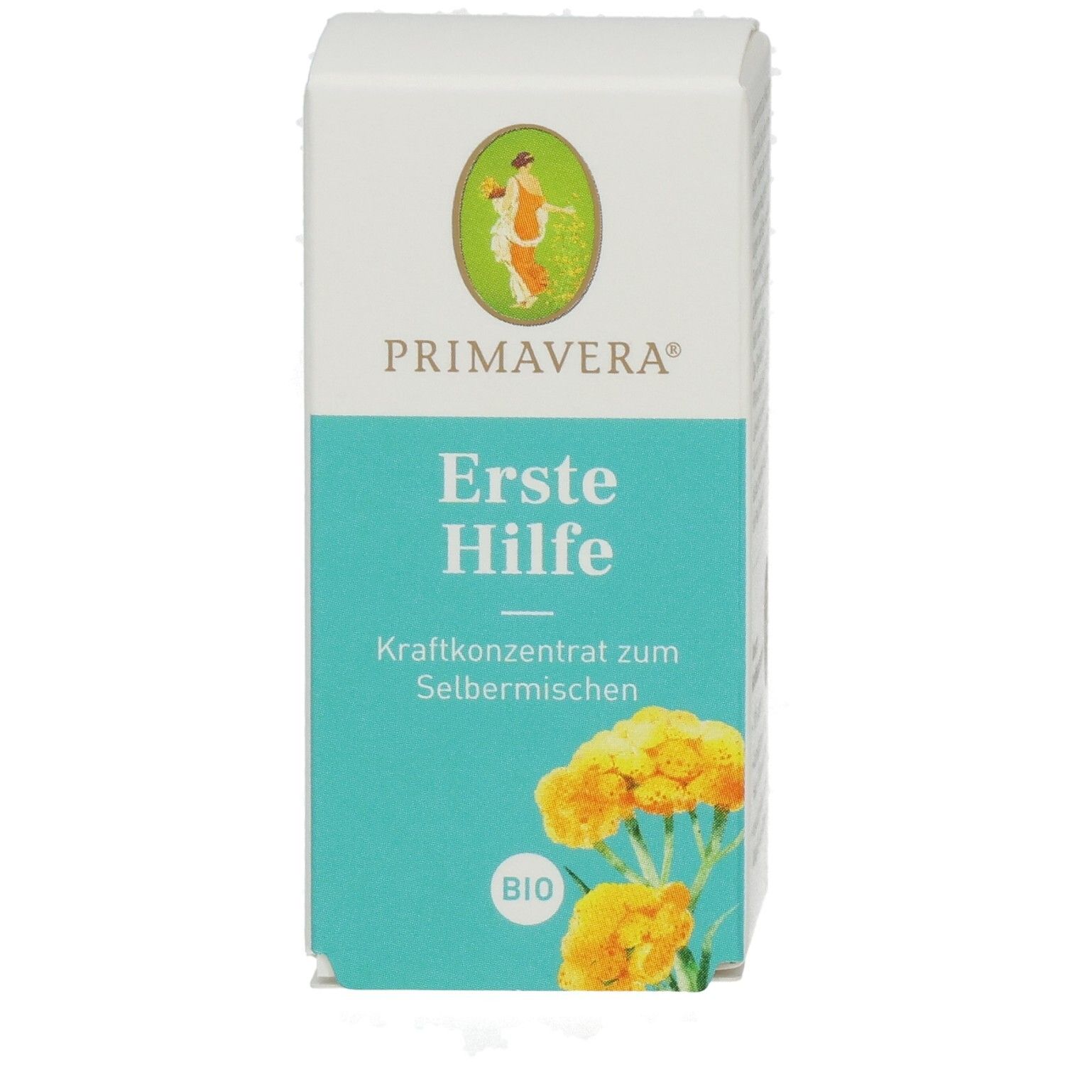 Karton, Vorderseite. Aufschrift: PRIMAVERA, Erste Hilfe, BIO. Abbildung: gelbe Blüten.