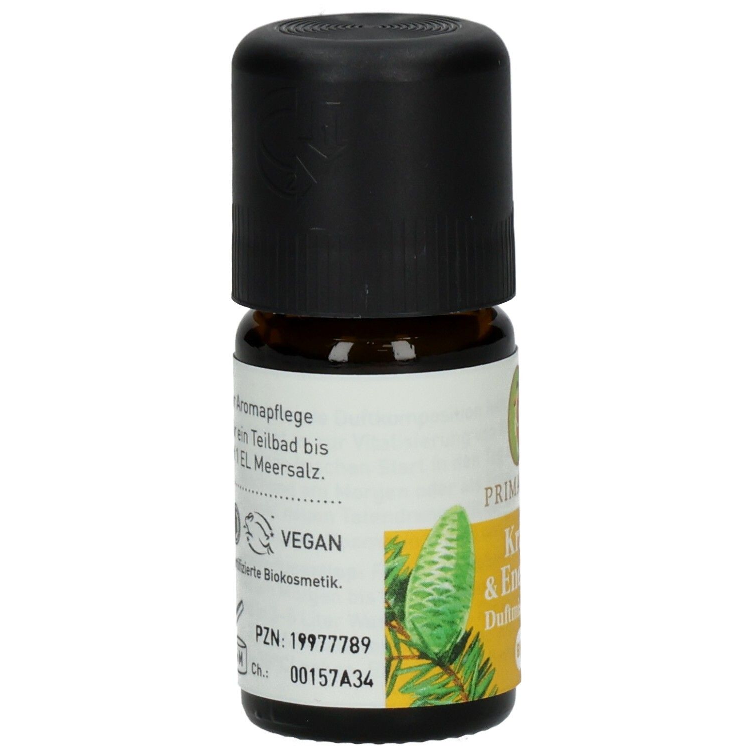 Braune Glasflasche mit schwarzem Deckel. Etikett mit PRIMAVERA, Kraft & Energie Duftmischung bio, und Kiefernzapfen-Illustration.