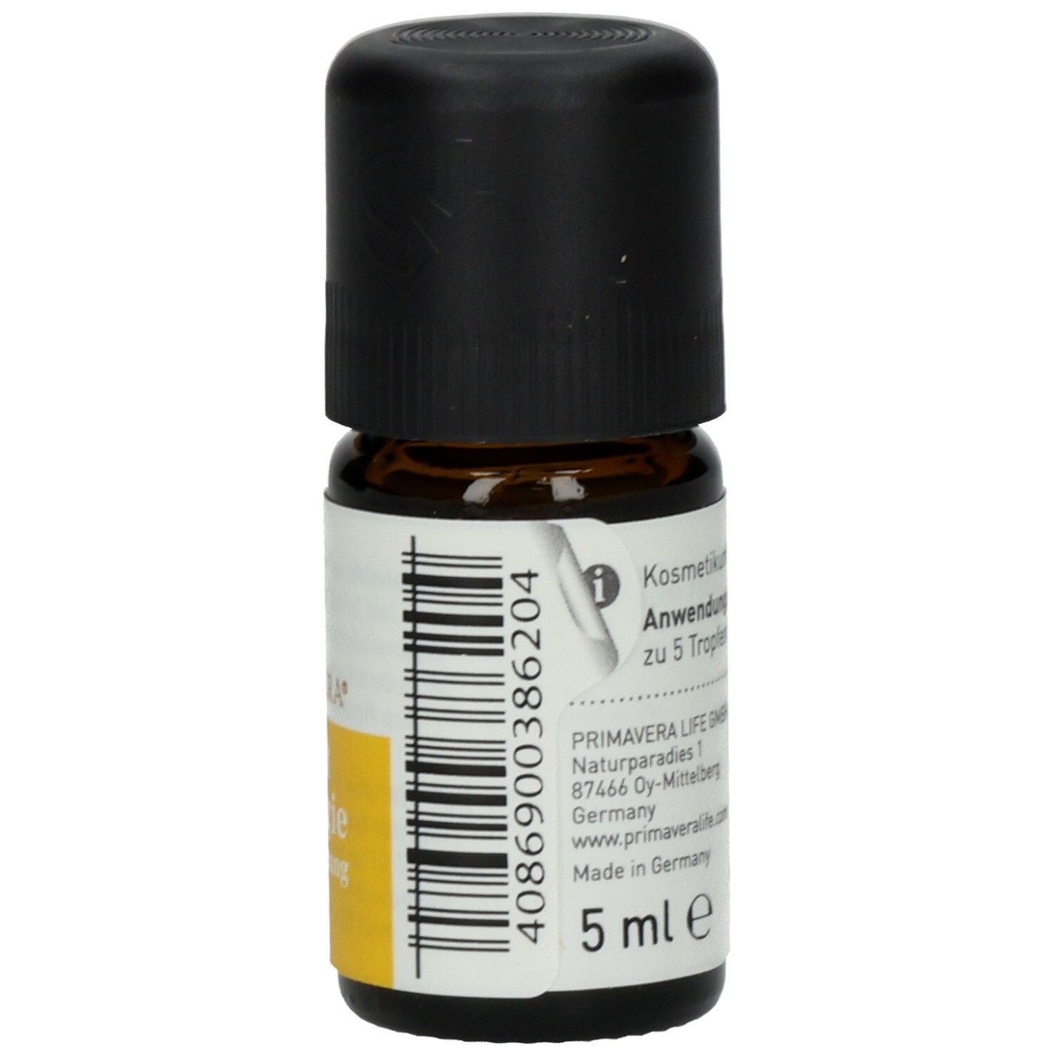Braune Glasflasche mit schwarzem Deckel. Etikett mit PRIMAVERA, Informationen zur Anwendung und Inhaltsstoffen.