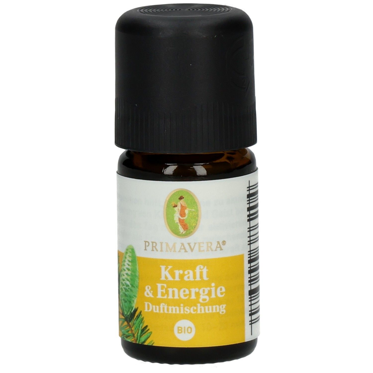 Braune Glasflasche mit schwarzem Deckel. Etikett mit PRIMAVERA, Kraft & Energie Duftmischung bio, und Kiefernzapfen-Illustration.