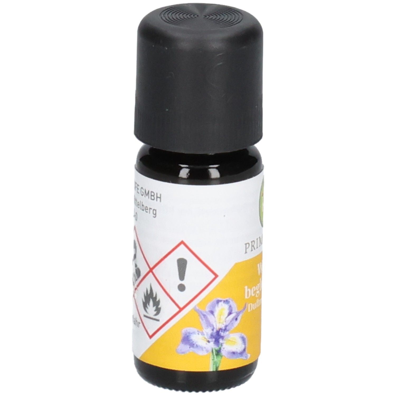 Braune Glasflasche mit schwarzem Deckel. Etikett mit PRIMAVERA, Wegbegleitung Duftmischung und Gefahrensymbolen.