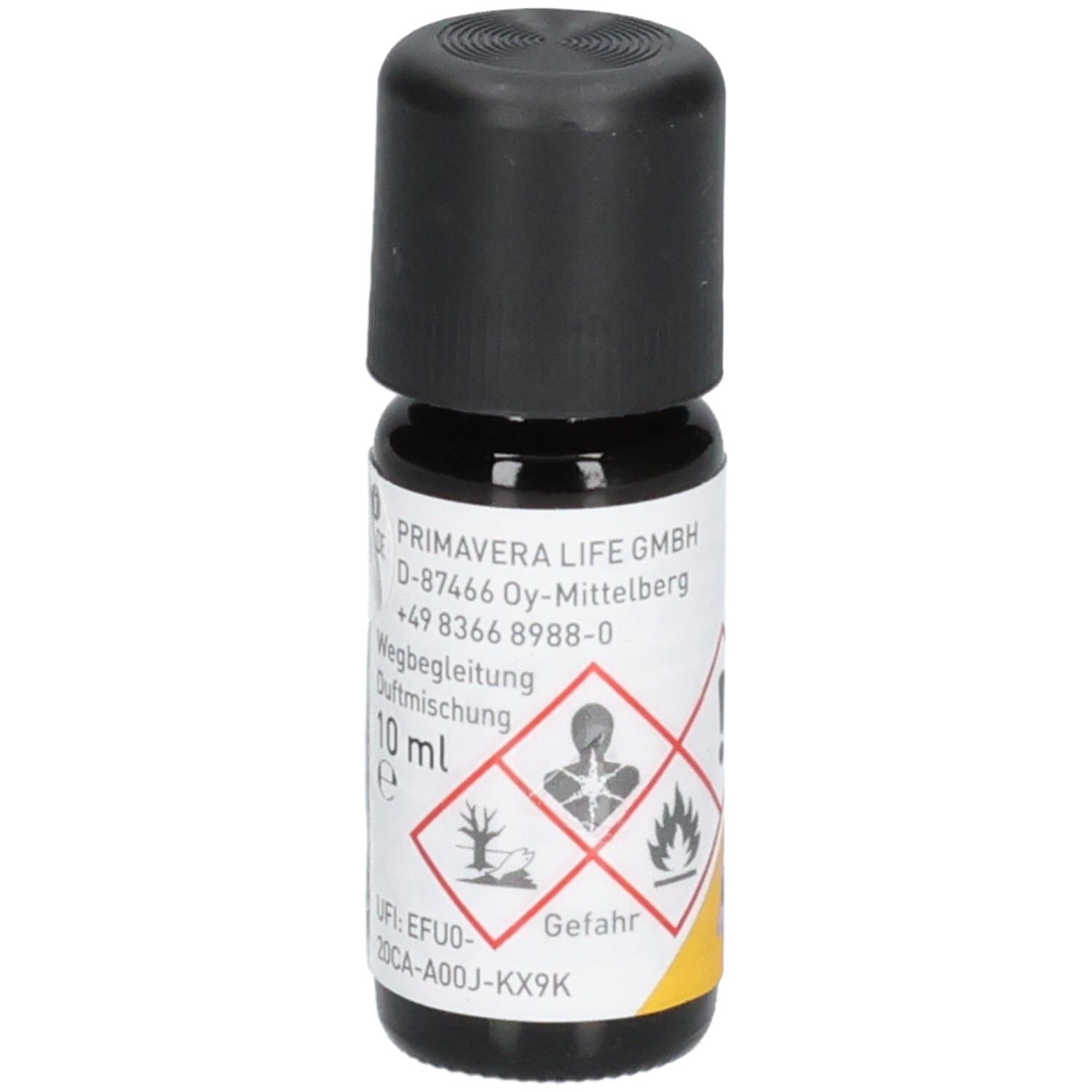 Braune Glasflasche mit schwarzem Deckel. Etikett mit PRIMAVERA, Wegbegleitung Duftmischung, 10 ml und Gefahrensymbolen.