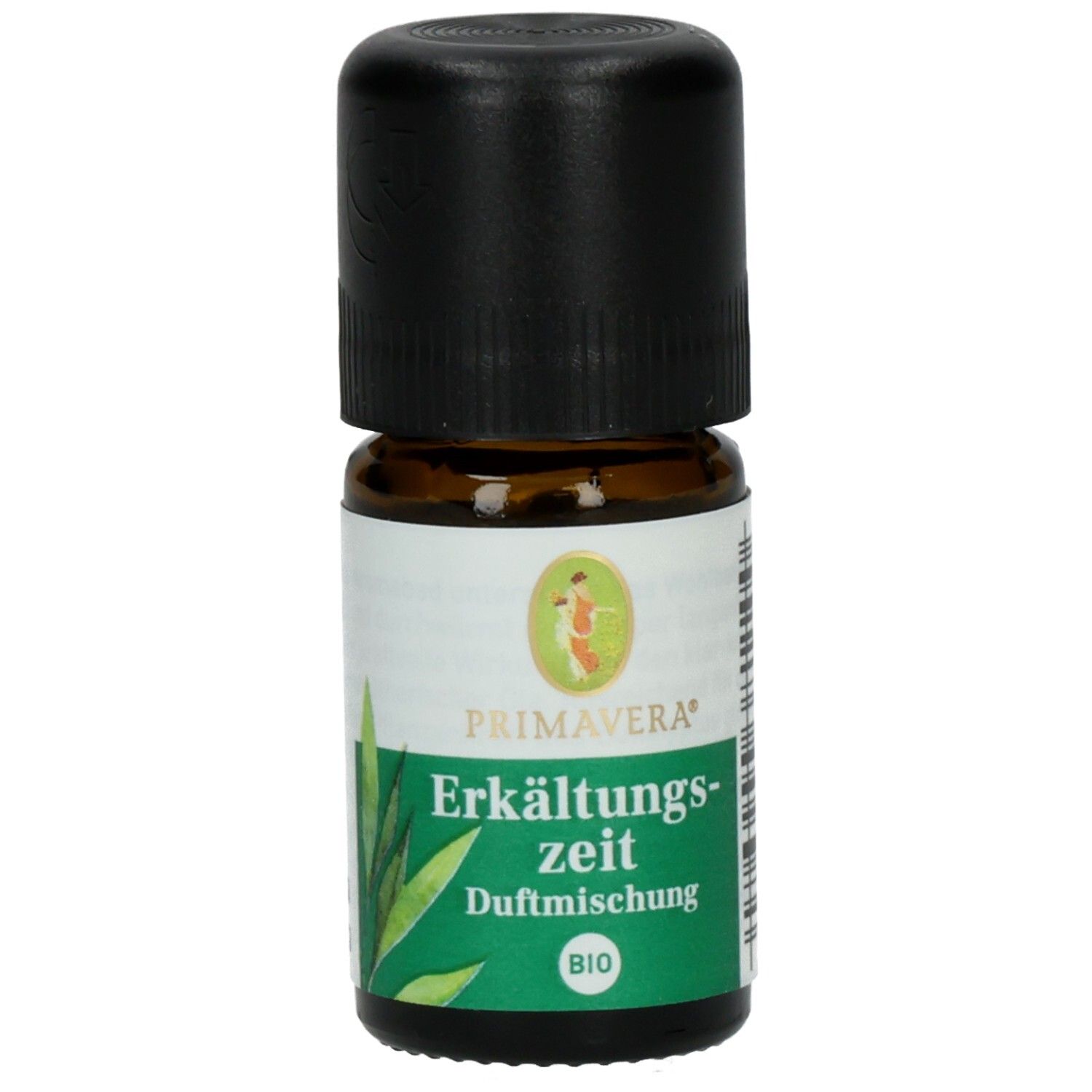 Braune Glasflasche mit schwarzem Deckel. Etikett mit Produktname, Logo und BIO-Siegel. PRIMAVERA.