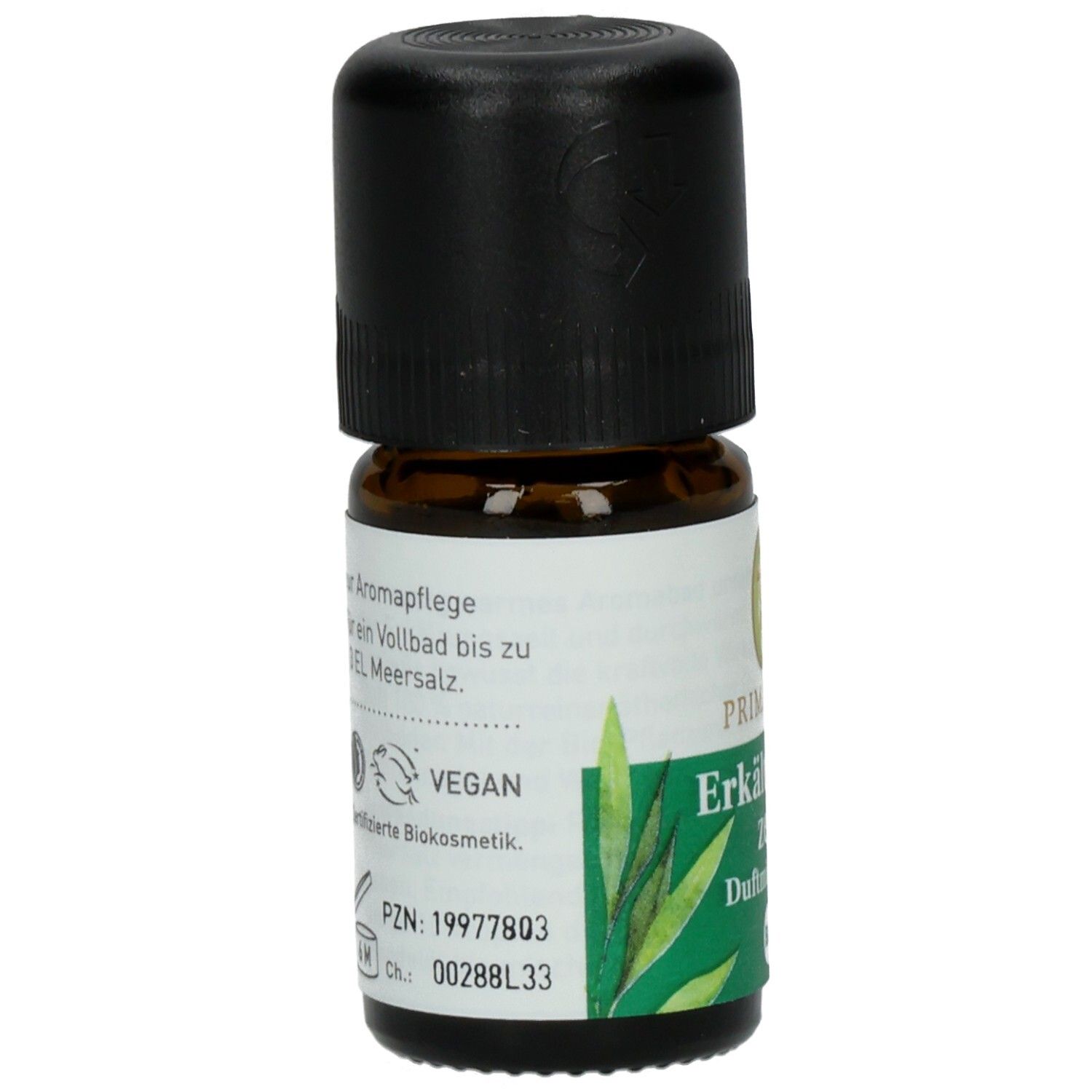 Braune Glasflasche mit schwarzem Deckel. Etikett mit Informationen, Vegan-Siegel und PZN-Nummer. PRIMAVERA.