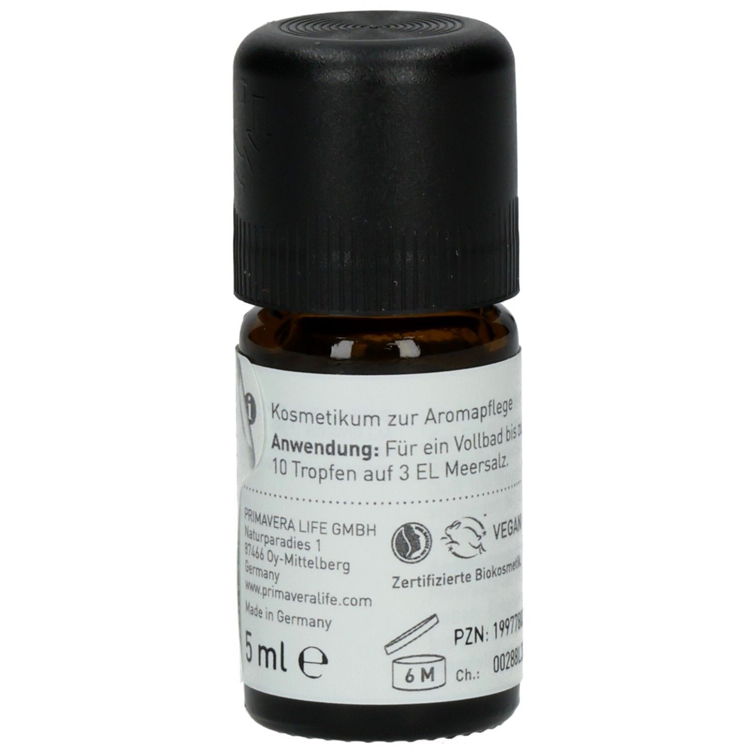 Braune Glasflasche mit schwarzem Deckel. Etikett mit Anwendungshinweis und 5 ml Angabe. PRIMAVERA.