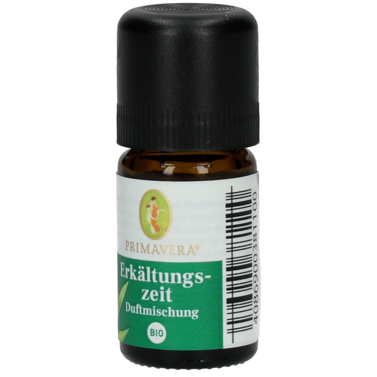 Braune Glasflasche mit schwarzem Deckel. Etikett mit Produktname, Logo und BIO-Siegel. PRIMAVERA.