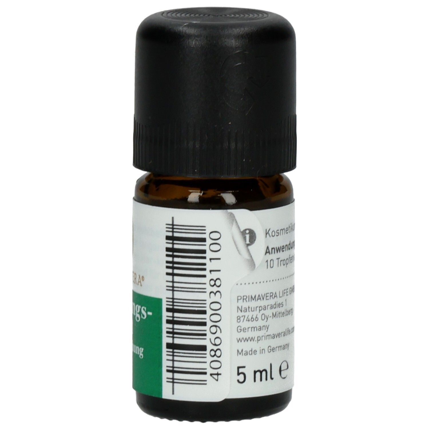 Braune Glasflasche mit schwarzem Deckel. Etikett mit Barcode, Anwendungshinweis und 5 ml Angabe. PRIMAVERA.