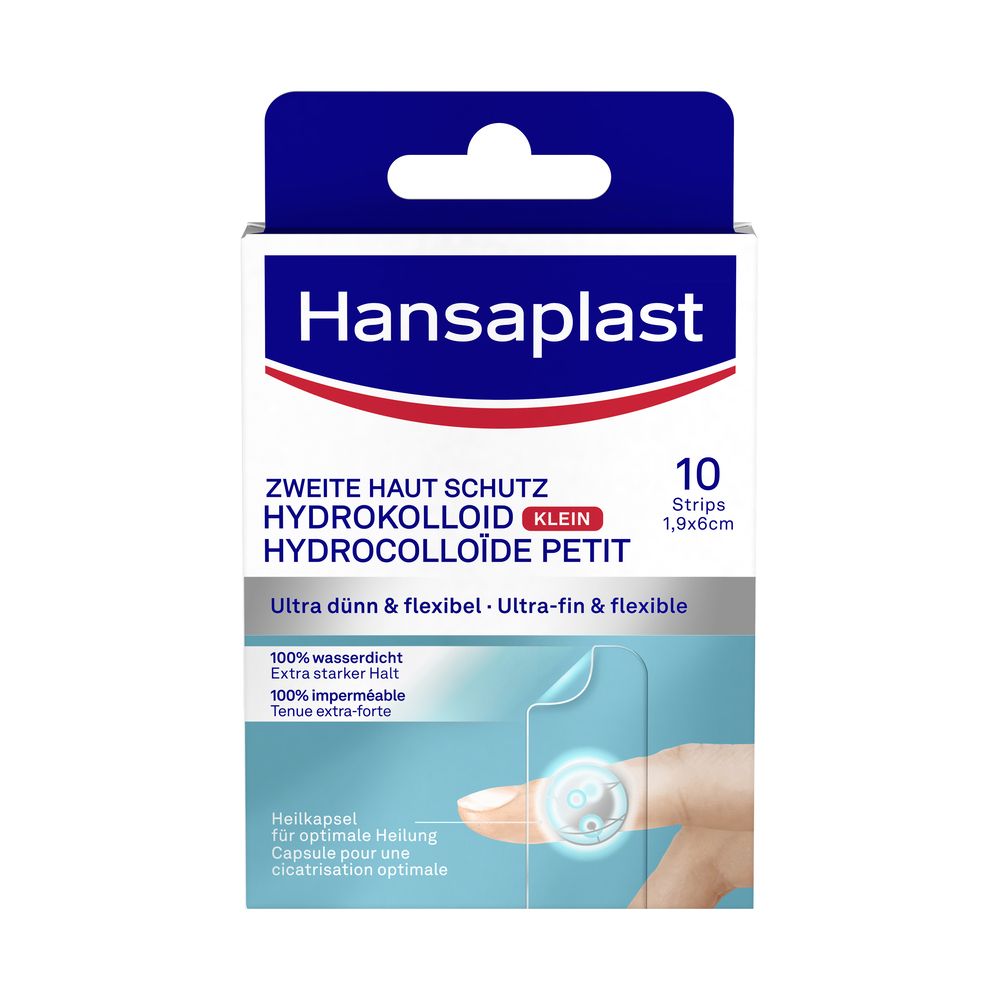 Schachtel mit Hansaplast Hydrokolloid-Pflastern. Zehn Pflaster, 1,9x6cm. Aufdruck: Zweite Haut Schutz, wasserdicht.
