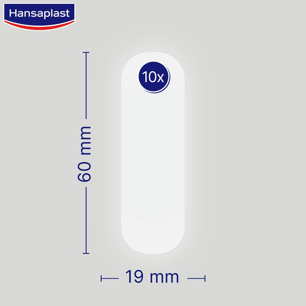 Pflaster-Umriss. Maße: 19 mm x 60 mm. Aufdruck: 10x.  Hydrokolloid-Pflaster.