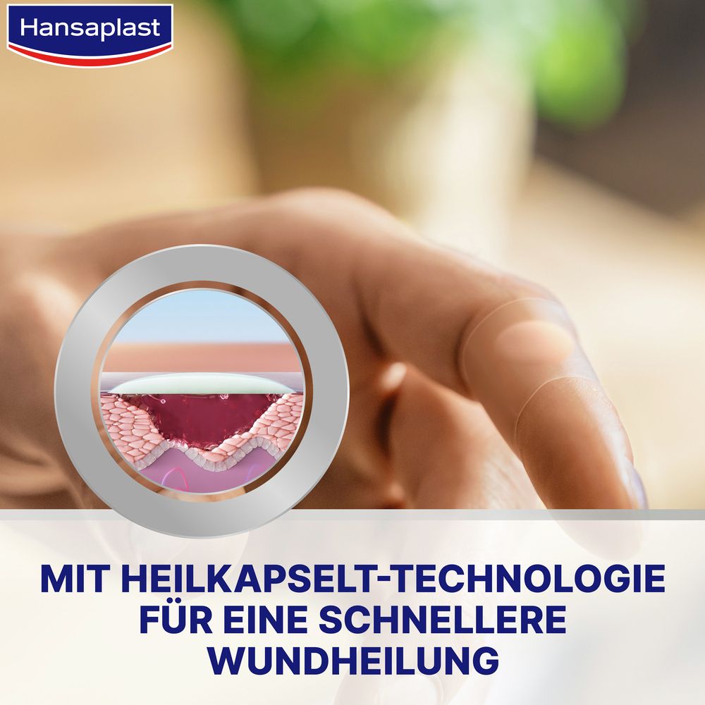 Hand mit Pflaster. Schnitt durch die Haut. Aufdruck: Heilkapsel-Technologie für schnellere Wundheilung.
