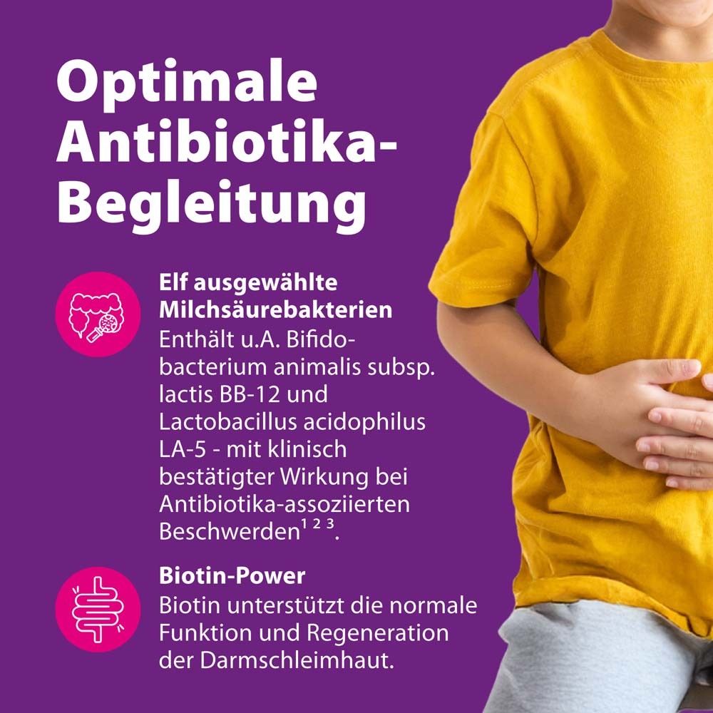 Text: Optimale Antibiotika-Begleitung. Elf Milchsäurebakterien. Biotin-Power. Junge mit gelbem T-Shirt, hält Bauch.