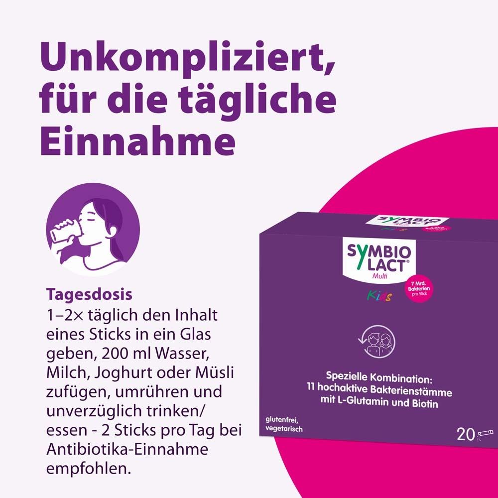 Illustration: Frau trinkt aus Glas. Text: Tagesdosis: 1-2 Sticks in Glas, 200 ml Wasser, Milch, Joghurt oder Müsli. Empfohlen bei Antibiotika.