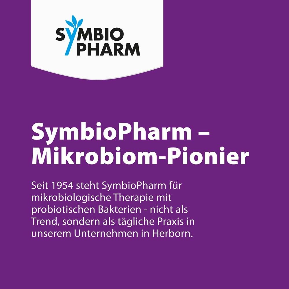 Logo SymbioPharm. Text: SymbioPharm - Mikrobiom-Pionier. Seit 1954 für probiotische Bakterien. Tägliche Praxis in Herborn.