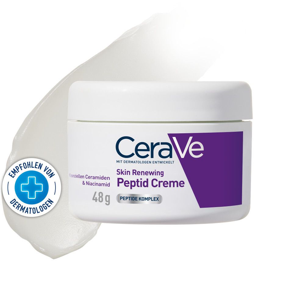 Weiße Creme-Dose mit lila Akzent. Aufschrift: CeraVe Skin Renewing Peptid Creme. 48g. Empfohlen von Dermatologen.