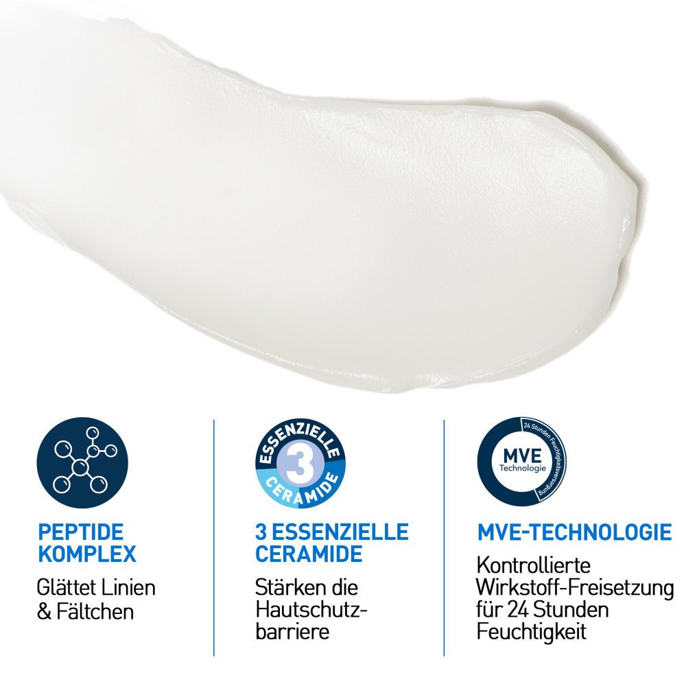 Nahaufnahme von Creme-Textur. Logos: Peptid Komplex, 3 essenzielle Ceramide, MVE-Technologie. Text: Glättet Linien & Falten.