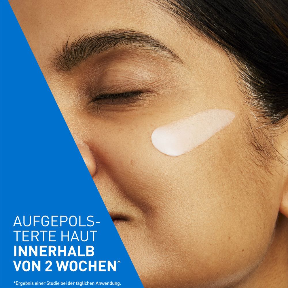 Gesicht mit aufgetragener Creme. Text: Aufgepolsterte Haut innerhalb von 2 Wochen. Ergebnis einer Studie.