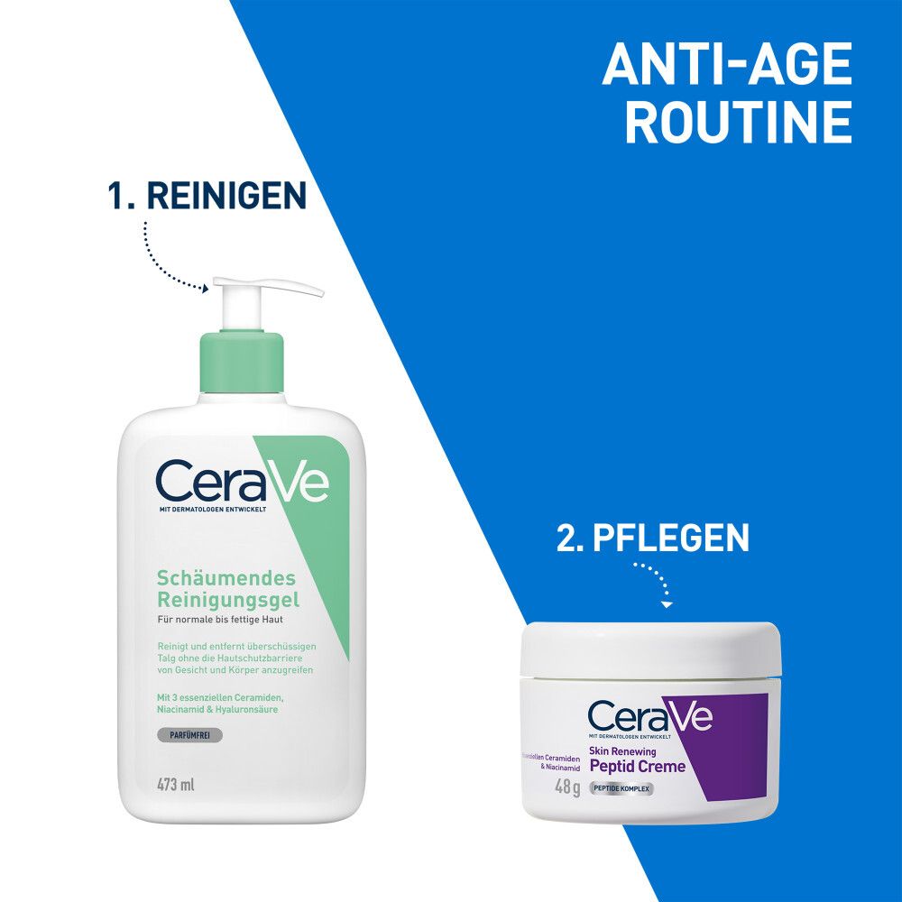 Anti-Age Routine: Reinigungsgel und CeraVe Peptid Creme. Aufschrift: 1. Reinigen, 2. Pflegen.