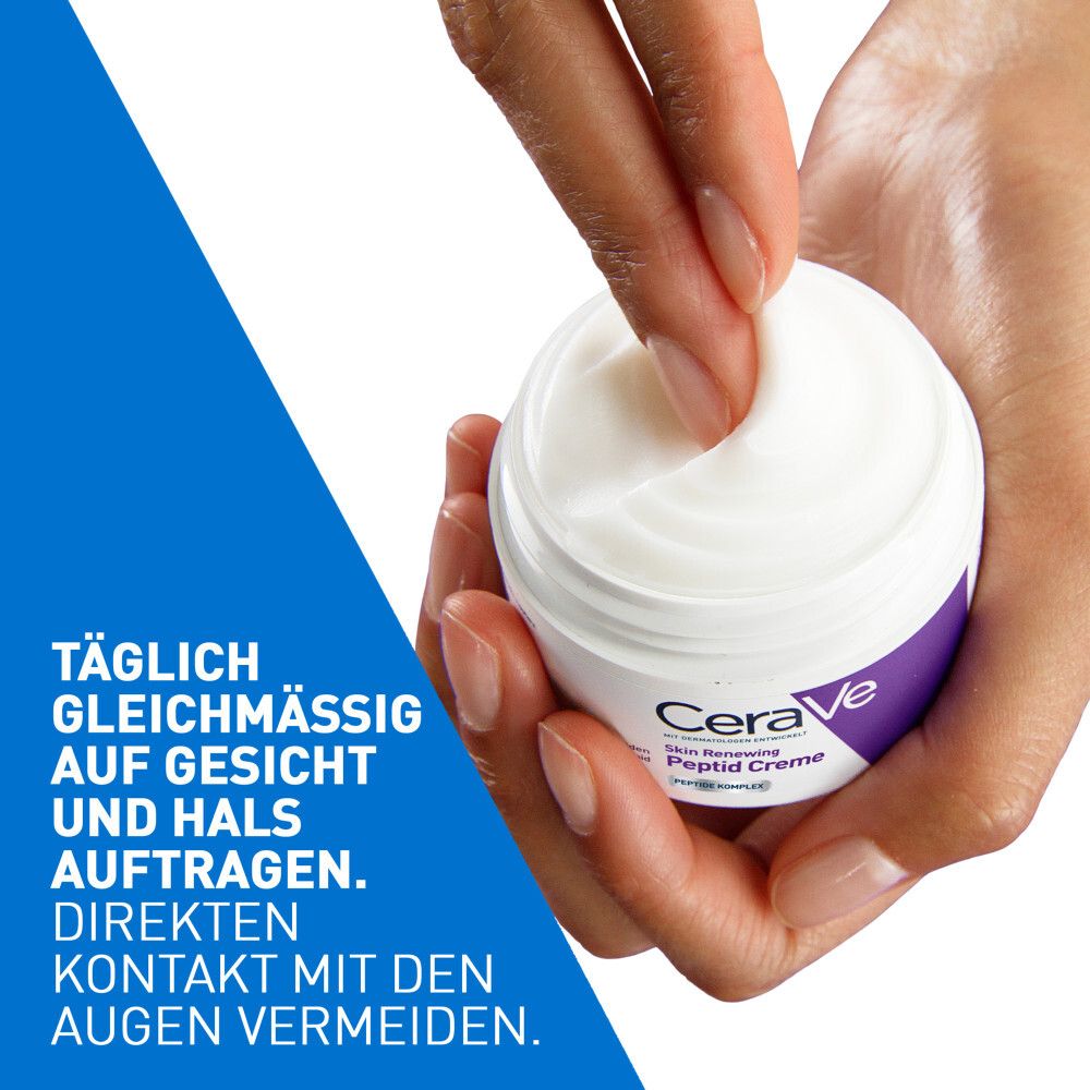 Hände tragen Creme auf. Text: Täglich gleichmäßig auf Gesicht und Hals auftragen. Augen vermeiden.