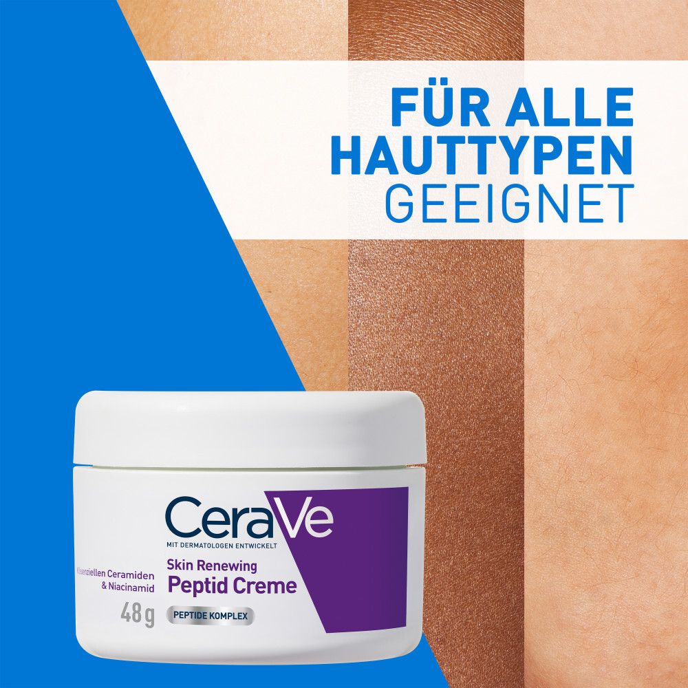 Weiße CeraVe Peptid Creme Dose. Text: Für alle Hauttypen geeignet. Hautfarben-Hintergrund.