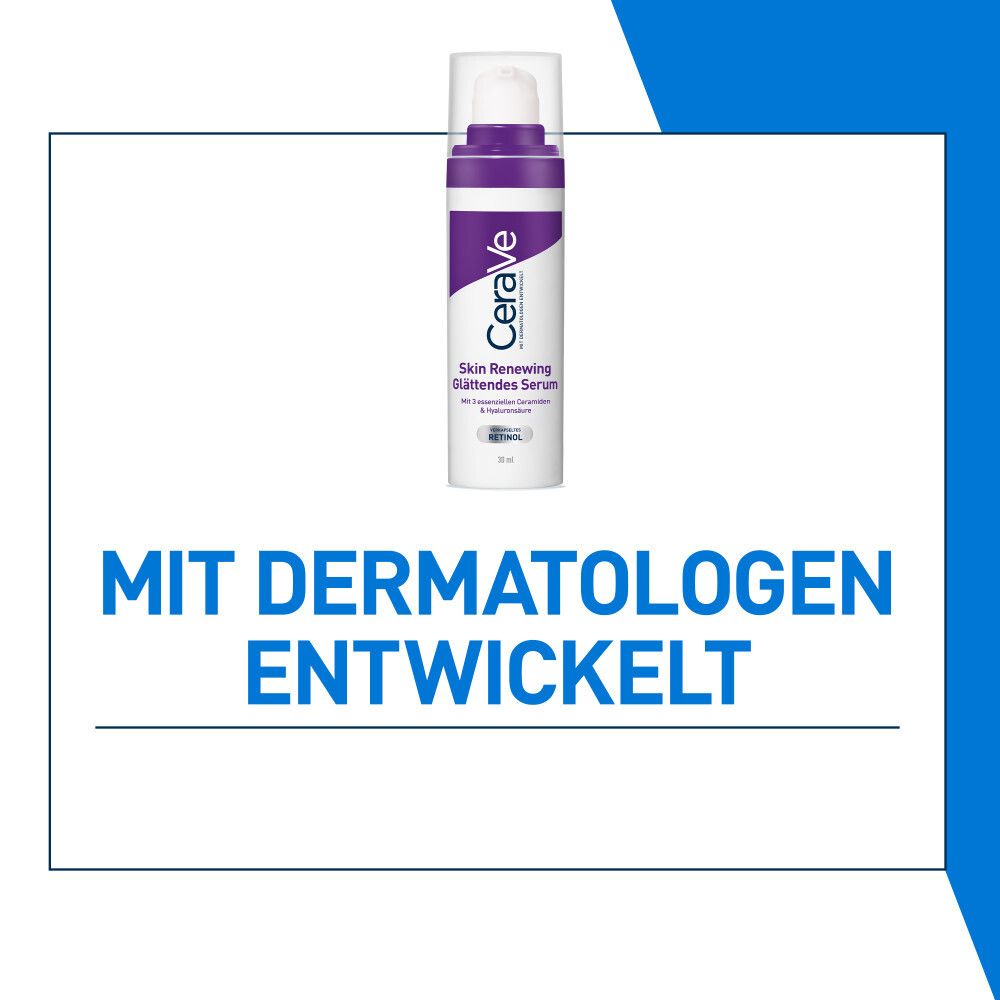 CeraVe Skin Renewing Serum. Mit Dermatologen entwickelt. Weiße Flasche mit lila Akzenten.