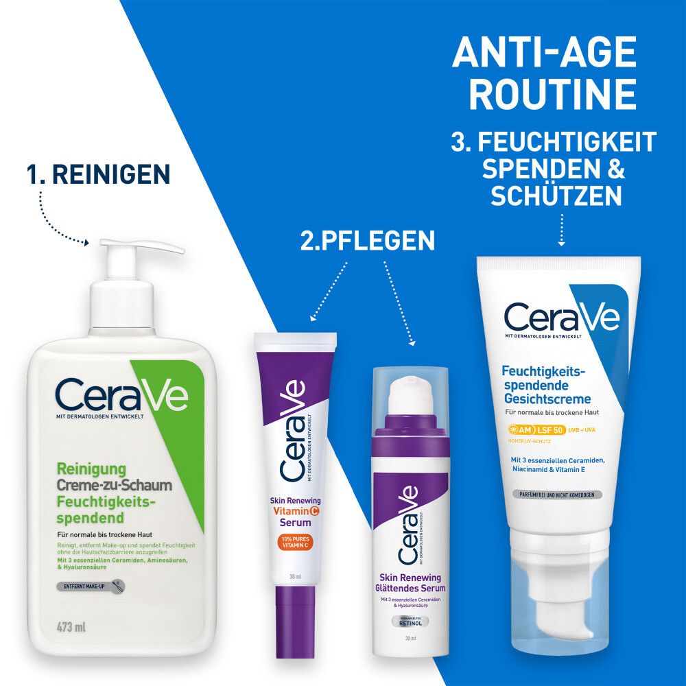 CeraVe Anti-Age Routine. Reinigung, Pflege, Feuchtigkeit. Produkte: Reinigung, Serum, Creme.