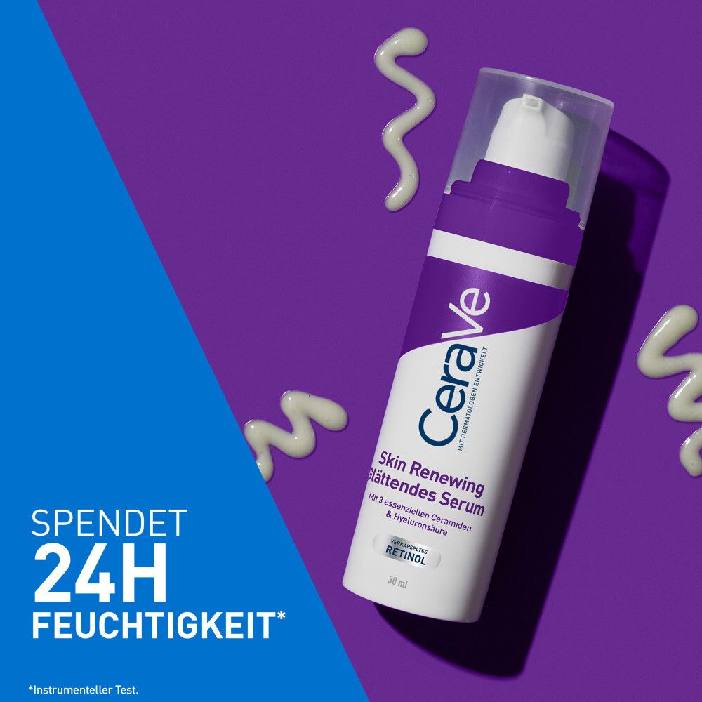 CeraVe Skin Renewing Serum. Spendet 24h Feuchtigkeit. Weiße Flasche mit lila Akzenten.