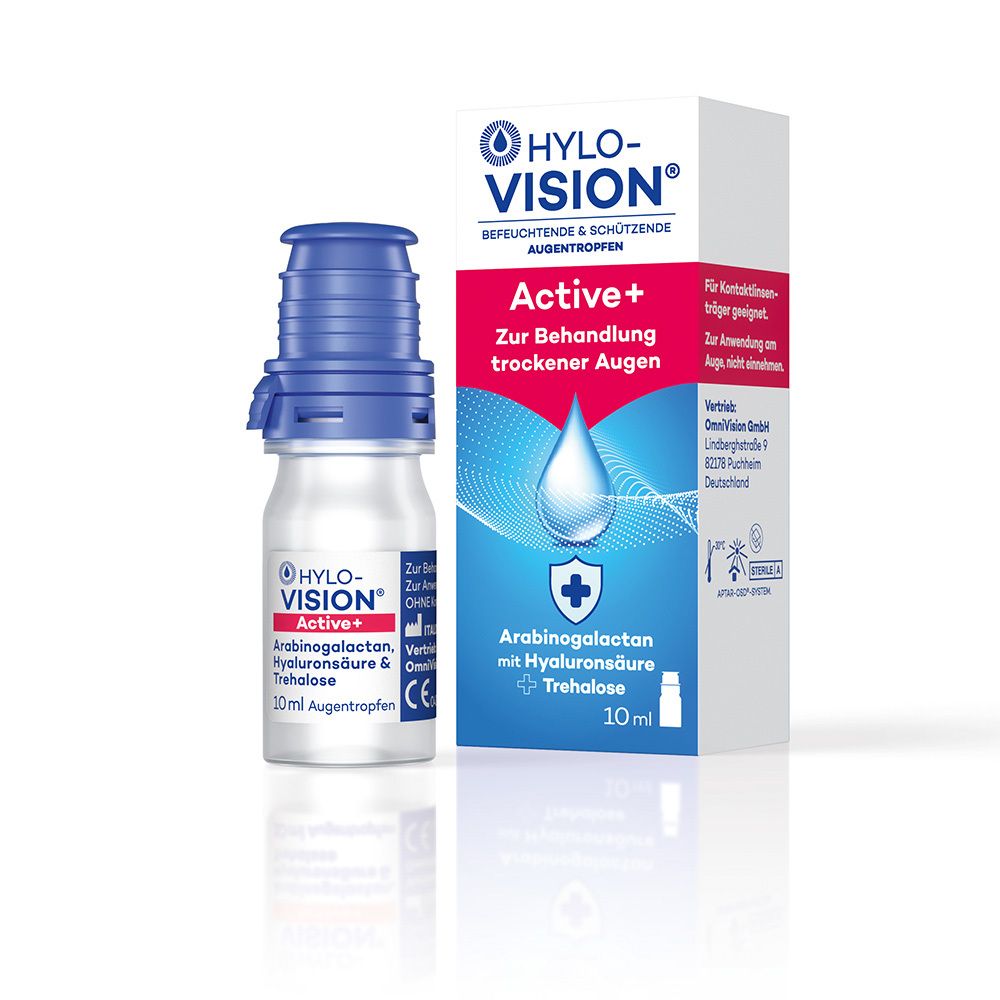 HYLO-VISION® Active+ Augentropfen 10ml Flasche und Verpackung. Zur Behandlung trockener Augen.