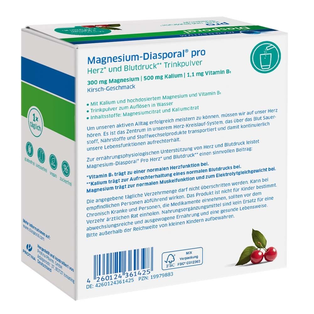 Rückseite der Magnesium-Diasporal pro Packung. Enthält 30 Sticks. Inhaltsstoffe und Nährwertangaben.