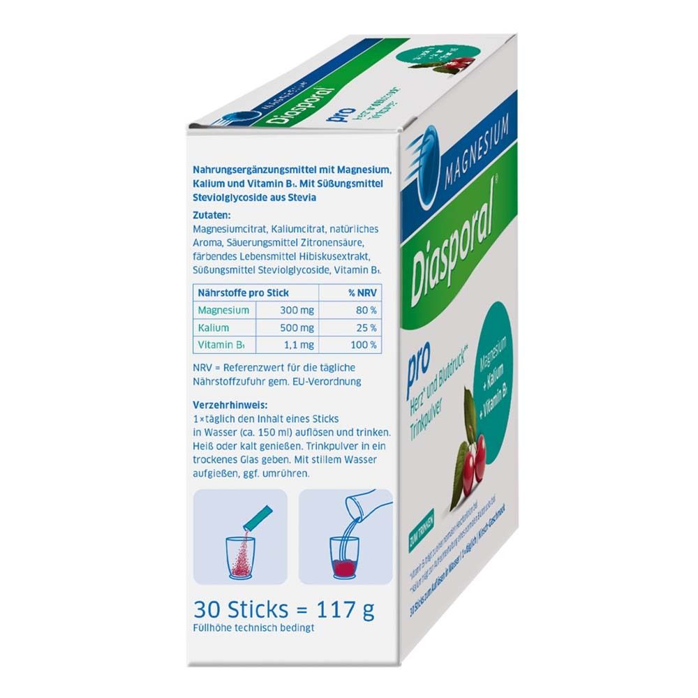 Magnesium-Diasporal pro Packung. Enthält 30 Sticks. Nährwertangaben und Zubereitungshinweise.