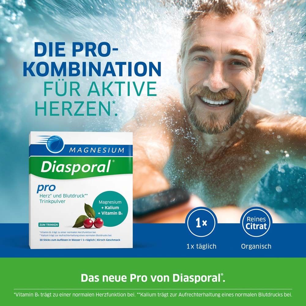 Mann im Wasser mit Magnesium-Diasporal pro Packung. Text: Die Pro-Kombination für aktive Herzen.