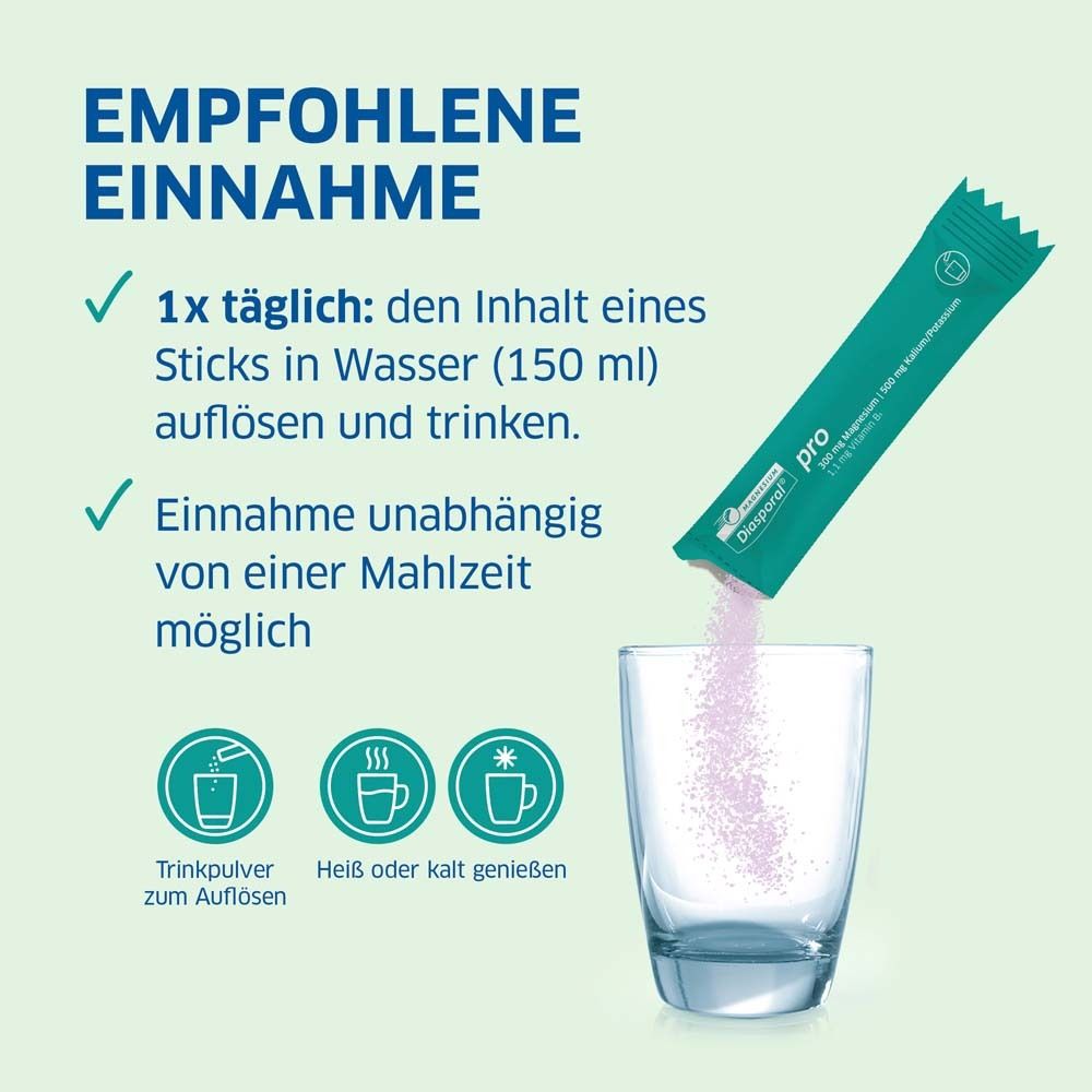 Anwendung von Magnesium-Diasporal pro. 1 Stick in Wasser auflösen. Heiß oder kalt genießen.