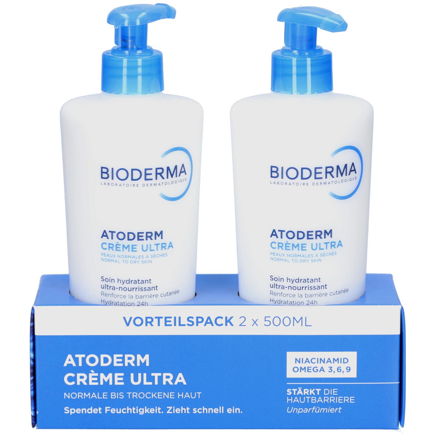 Zwei weiße Flaschen BIODERMA Atoderm Creme Ultra mit blauen Pumpköpfen. Auf einem blauen Karton mit Produktinformationen.