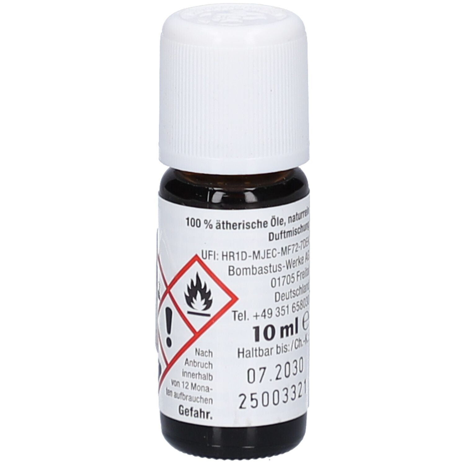 Braune Glasflasche mit weißem Deckel. Etikett mit Gefahrensymbolen und 10 ml Inhalt. 100% ätherische Öle.