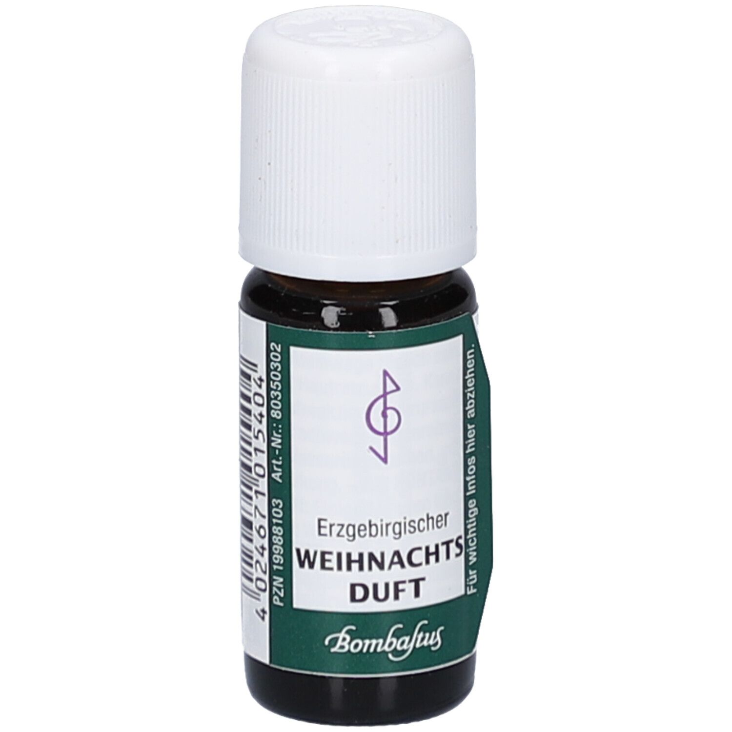 Braune Glasflasche mit weißem Deckel. Etikett mit Produktname und Logo. Erzgebirgischer Weihnachtsduft.