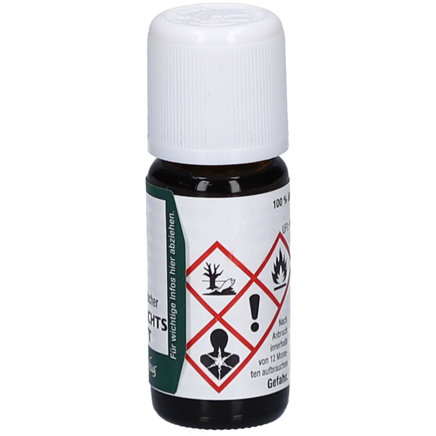 Braune Glasflasche mit weißem Deckel. Etikett mit Gefahrensymbolen. 100% ätherische Öle. Erzgebirgischer Weihnachtsduft.