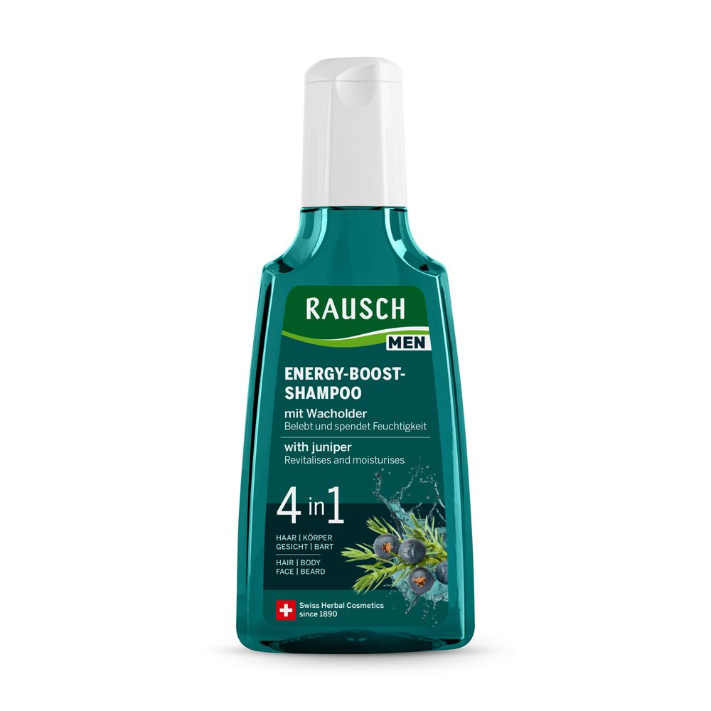 Grüne Flasche RAUSCH Energy-Boost-Shampoo mit Wacholder. 4-in-1-Formel. Enthält Wacholder und spendet Feuchtigkeit. Swiss Herbal Cosmetics.
