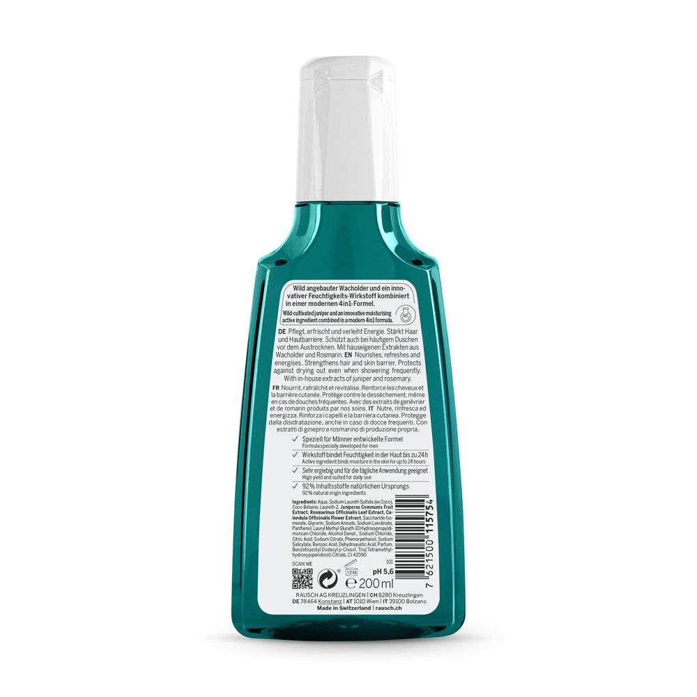 Rückseite der grünen RAUSCH Shampoo-Flasche. Text mit Produktinformationen. Enthält Wacholder. pH 5,5. 200ml. Swiss Herbal Cosmetics.
