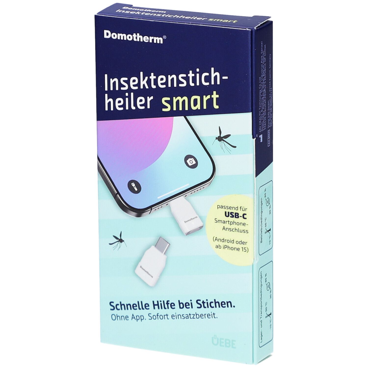 Verpackung von Domotherm Insektenstichheiler smart. Enthält USB-C-Anschluss. Text: Schnelle Hilfe bei Stichen.