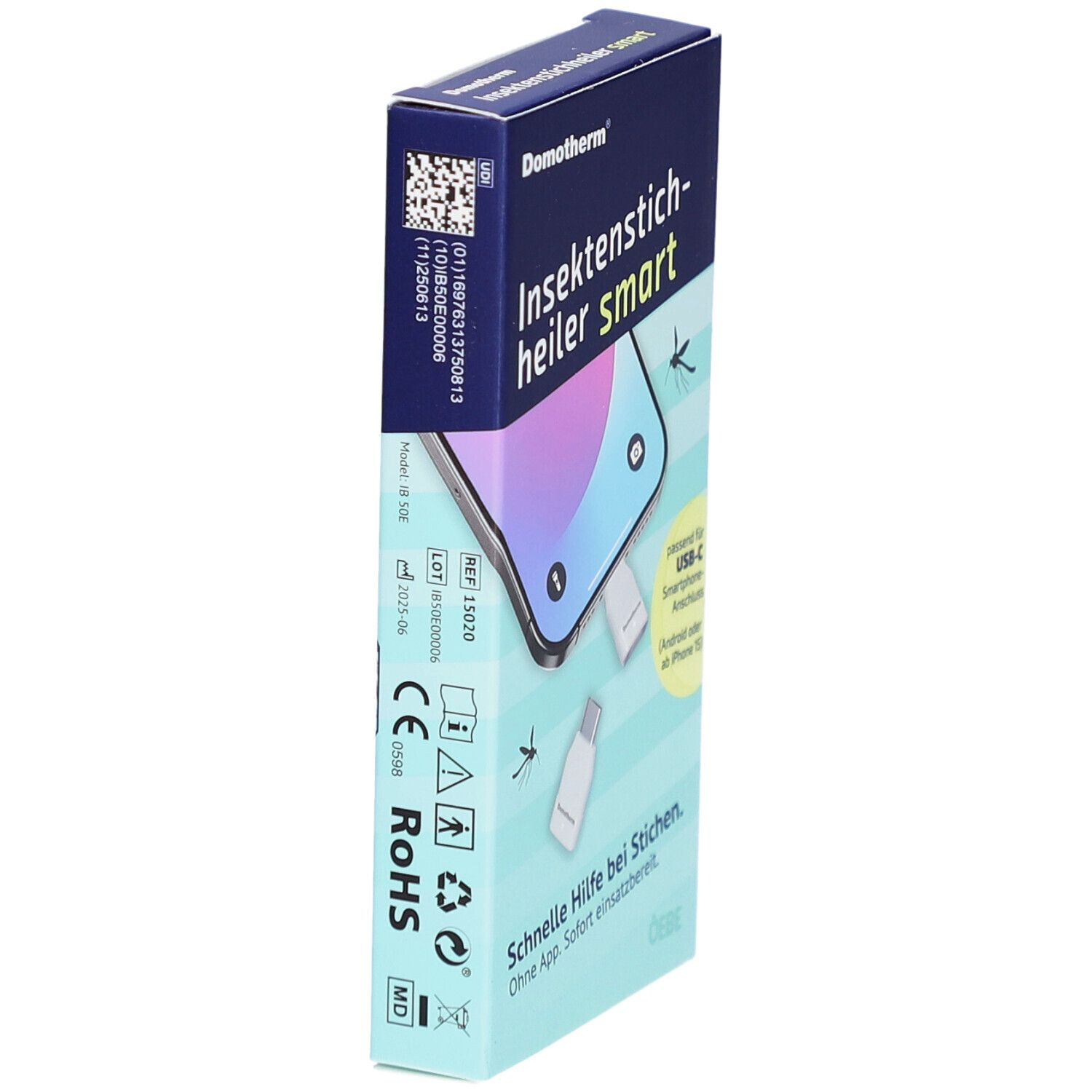 Verpackung von Domotherm Insektenstichheiler smart. Seitenansicht. Enthält USB-C-Anschluss. Mit CE- und RoHS-Zeichen.