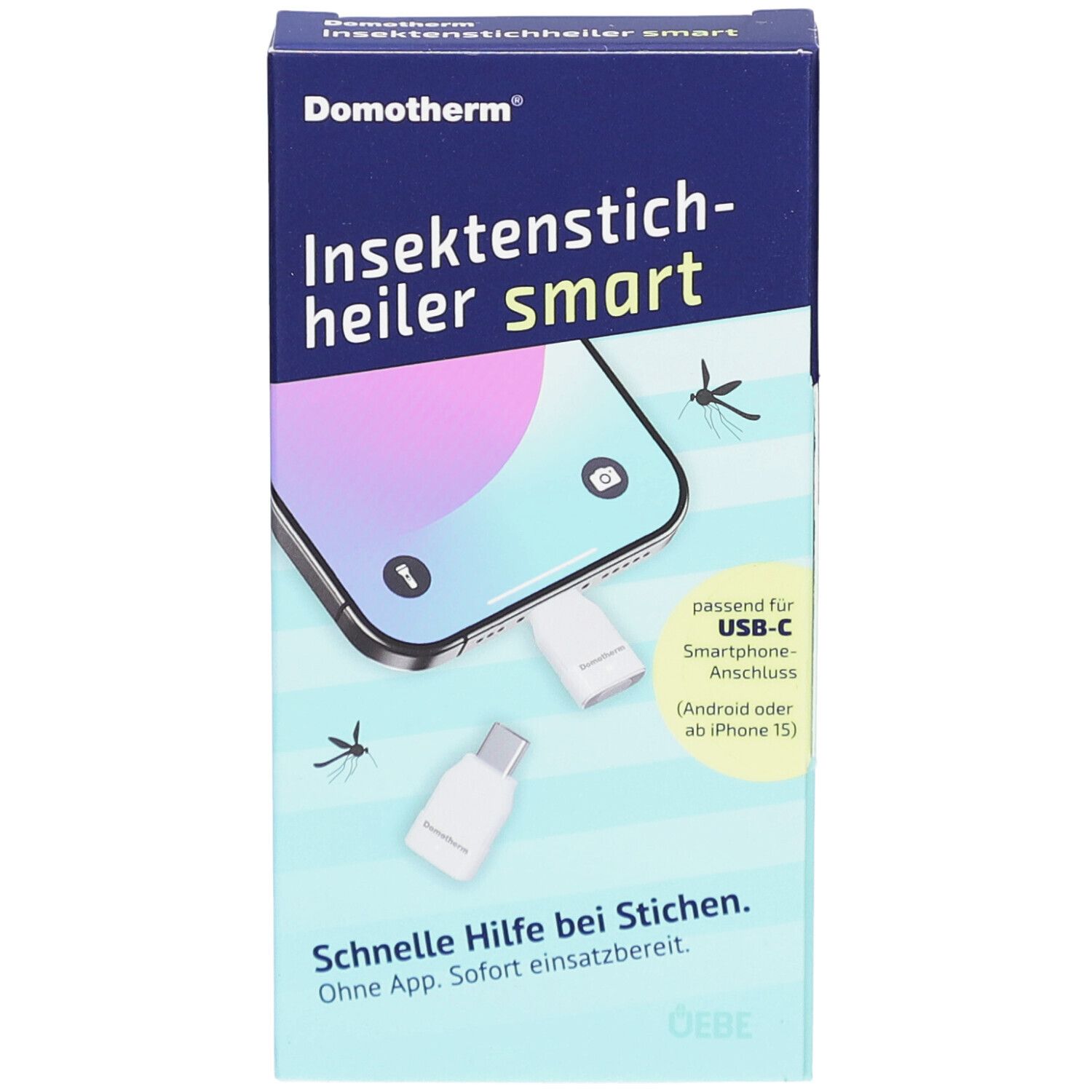 Verpackung von Domotherm Insektenstichheiler smart. Enthält USB-C-Anschluss. Text: Schnelle Hilfe bei Stichen.