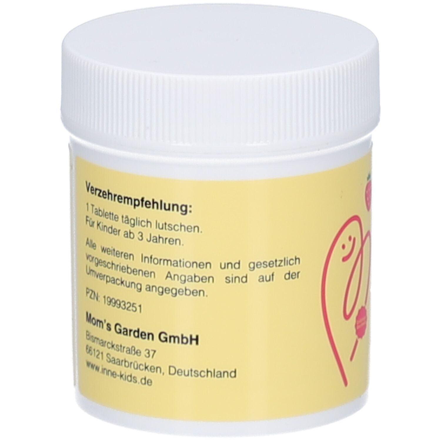 Rückseite des Döschens mit gelbem Etikett. Text: Verzehrempfehlung, Inhaltsstoffe, PZN, Herstelleradresse. Erdbeer-Illustration.