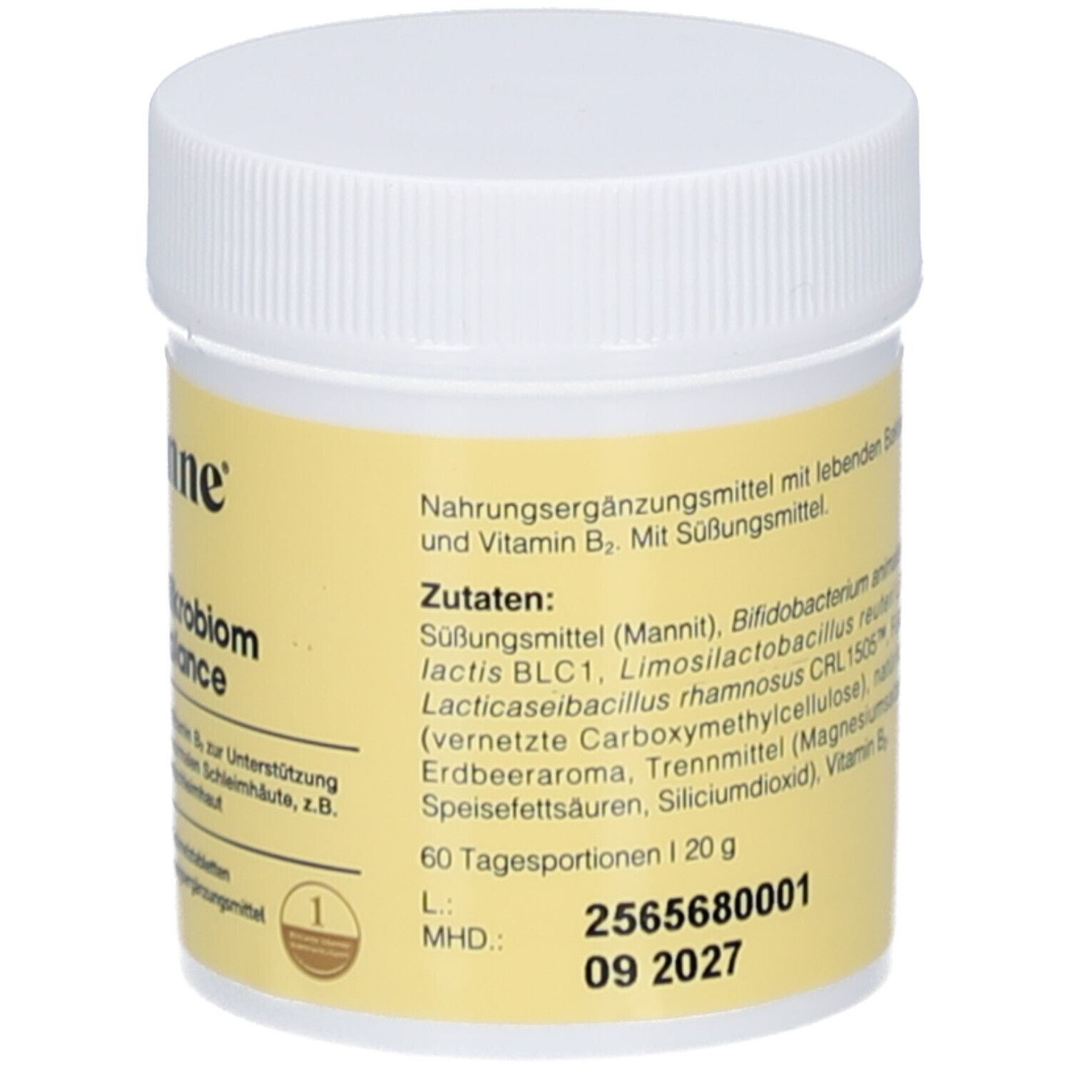 Rückseite des Döschens mit gelbem Etikett. Text: Inhaltsstoffe, Mindesthaltbarkeitsdatum, 60 Tagesportionen. Erdbeer-Illustration.